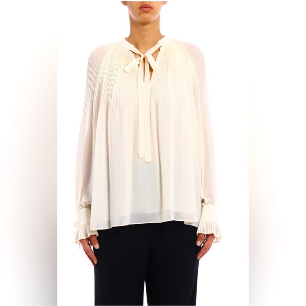 Tory Burch Meryl Ivory Pleated Bow Neckline
Chiffon Long Sleeve Blouse-jj16
